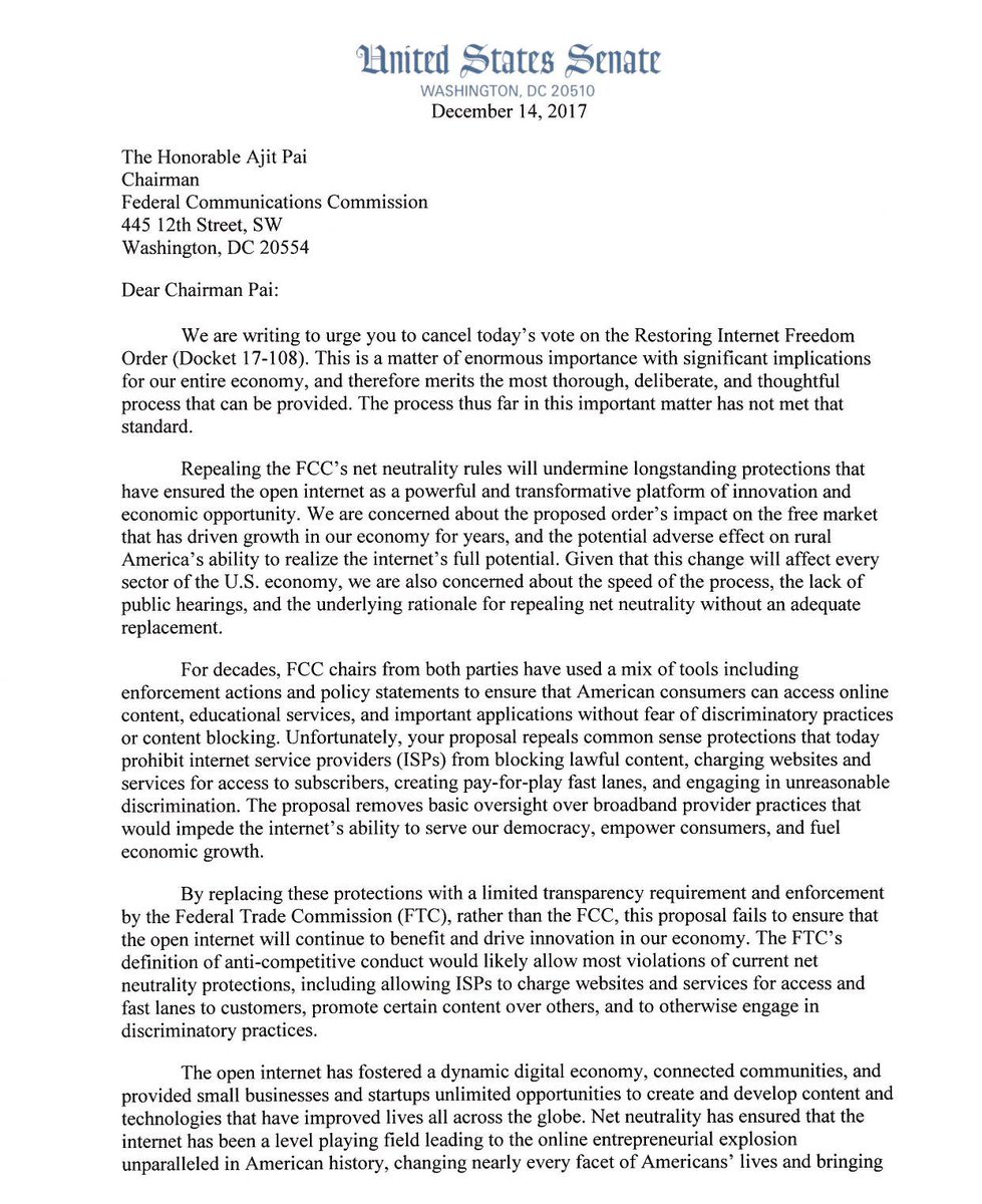 SenAngusKing's tweet photo. Today, @SenatorCollins and I called on the @FCC and @AjitPaiFCC to cancel the vote on repealing #netneutrality #mepolitics https://t.co/BRk3qiqaL1