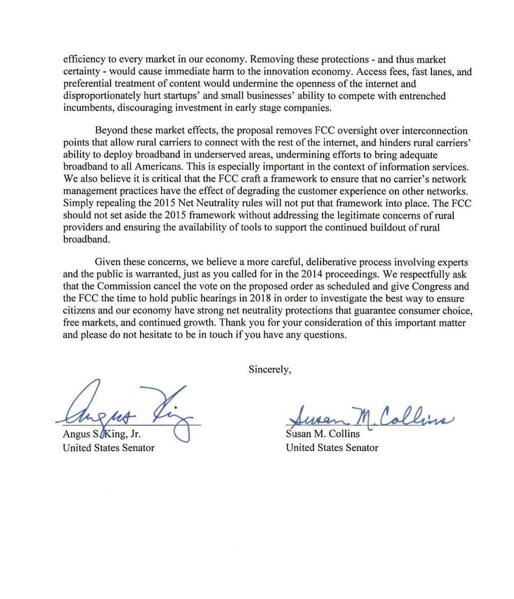 Today, <a href="/SenatorCollins/">Sen. Susan Collins</a> and I called on the <a href="/FCC/">FCC</a> and @AjitPaiFCC to cancel the vote on repealing #netneutrality #mepolitics