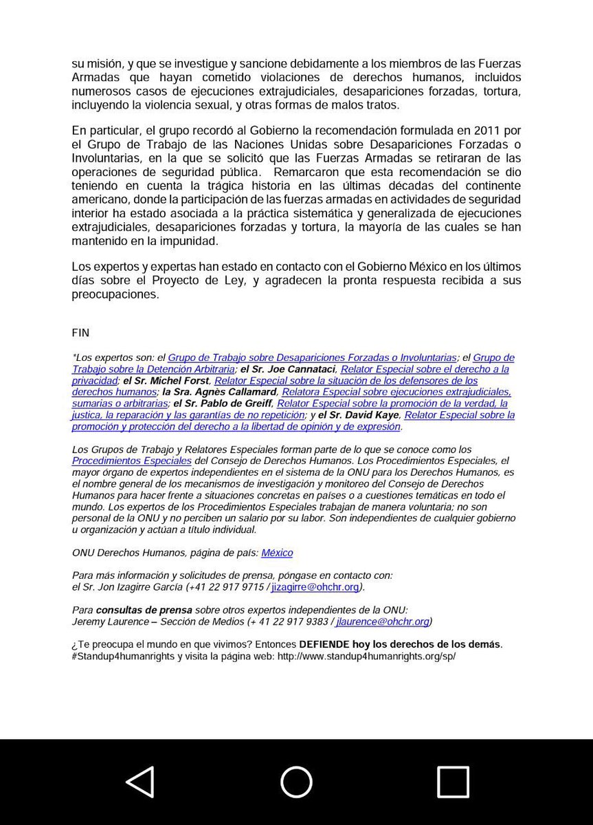 article19mxca's tweet photo. ⚡️ ATENCIÓN - En un hecho sin precedentes seis mandatos del Consejo de Derechos Humanos de la @ONU_es se pronuncian de manera conjunta en relación a un tema de preocupación sobre México: La Ley de Seguridad Interior.

#NoALaLeyDeSeguridadInterior 
#SeguridadSinGuera https://t.co/rc1uJ8lyrK