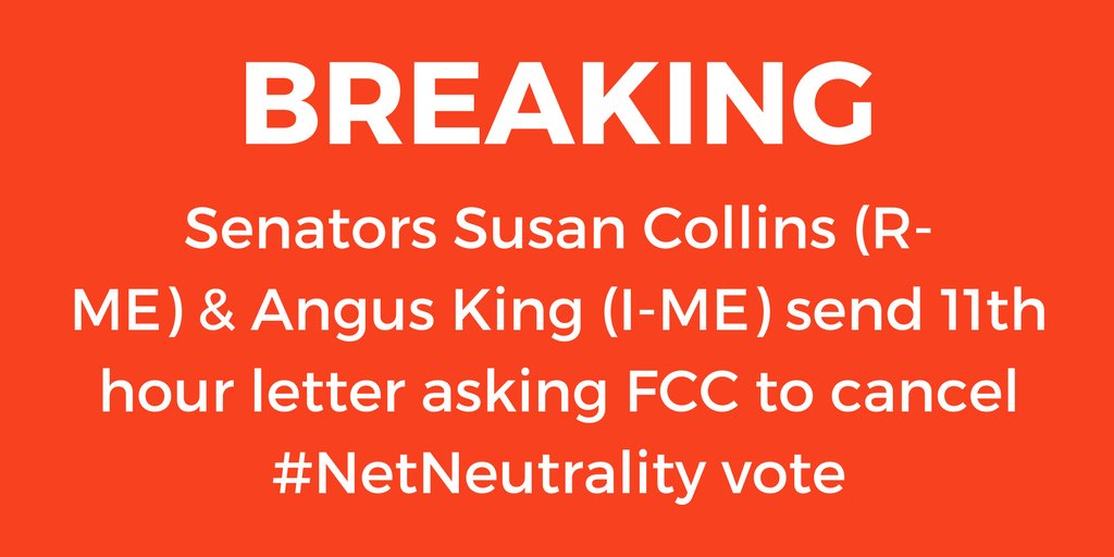 UPDATE: @AjitPaiFCC continues to lose <a href="/GOP/">GOP</a> support as <a href="/SenatorCollins/">Sen. Susan Collins</a> adds her name to letter asking <a href="/FCC/">FCC</a> to cancel the #NetNeutrality vote king.senate.gov/imo/media/doc/…