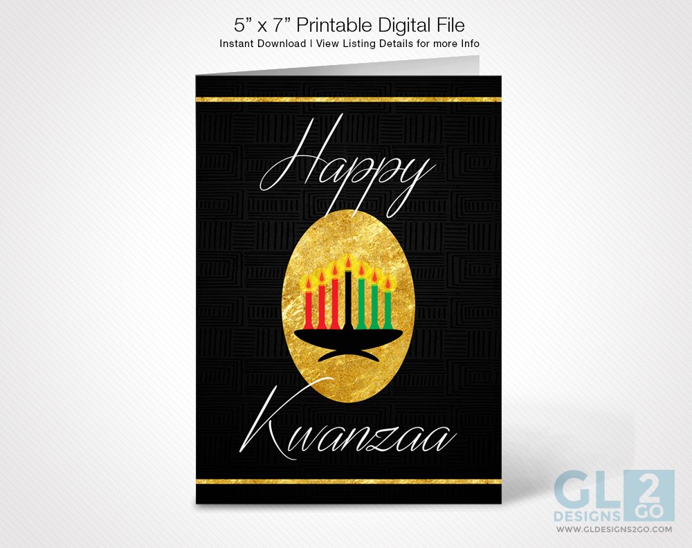 GLDesigns2Go's tweet photo. Printable Kwanzaa card, just $5. This Black &amp; Gold Blank Folded Holiday Card is an Instant Download. The perfect card for friends, family, co-workers or classmates. #ThursdayThoughts #Kwanzaa #HolidayCards #HappyKwanzaa #BuyBlack https://t.co/NBDH9hOoNe via @Etsy https://t.co/tnzqn1K71u