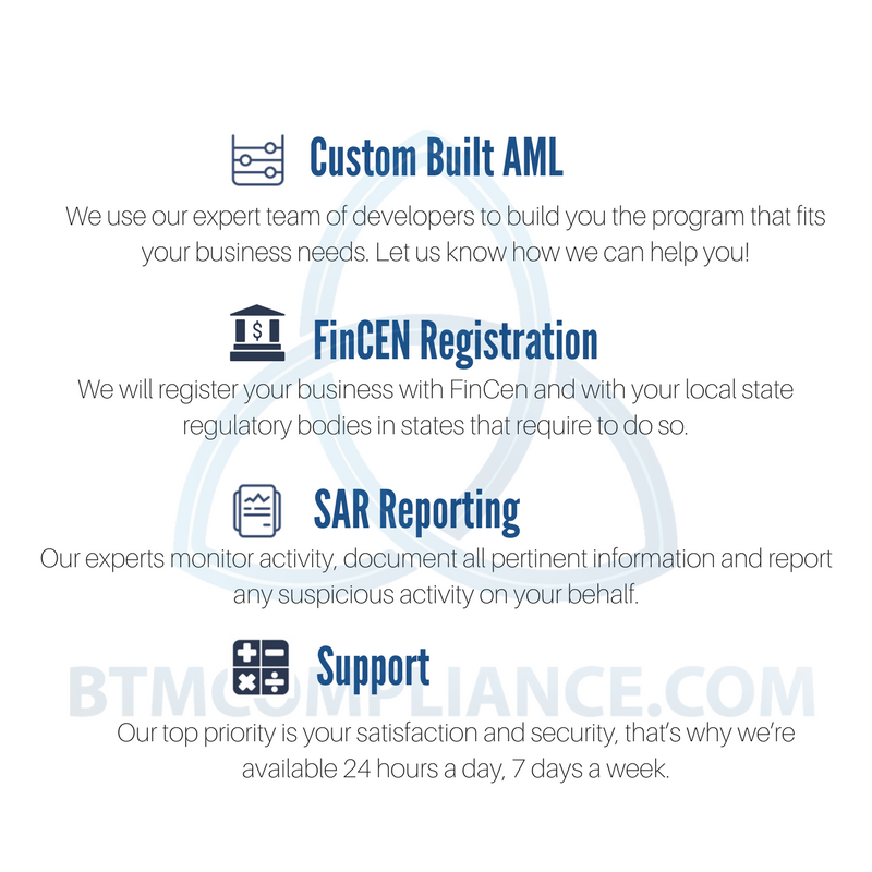 BTM_Compliance's tweet photo. We specialize in Bitcoin BTM operation and custom compliance designed to meet regulator requirements.What can we do for you? #blockchain #bitcoin #btm #bitcoinatm https://t.co/N2TQOcWxj0