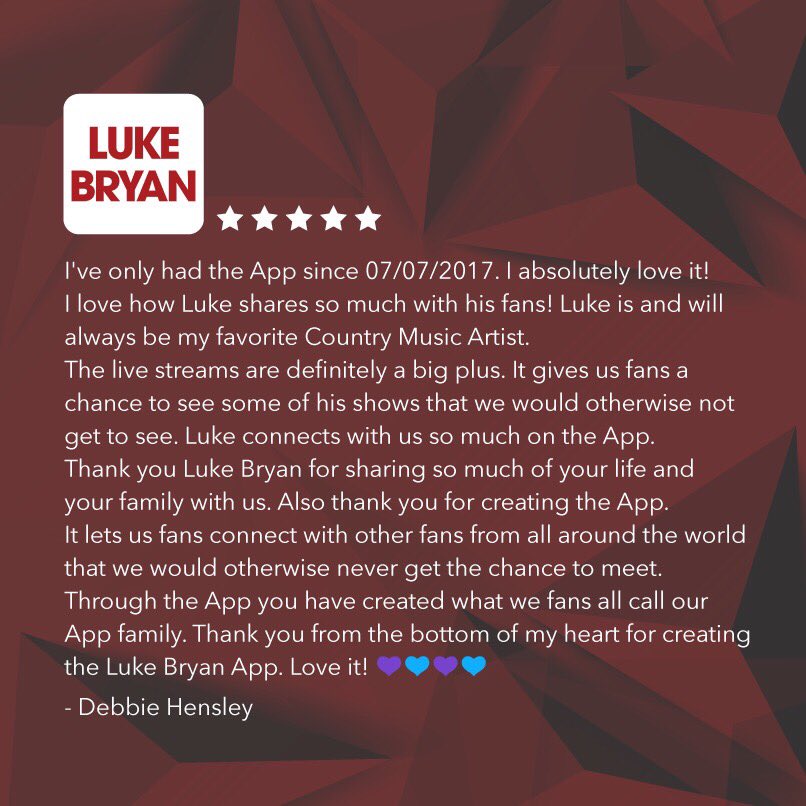 DiscipleMedia's tweet photo. Thank you for such an awesome app store review Debbie! We’re so happy to hear you love connecting with @LukeBryanOnline and the app family on the #LukeBryanApp! #LukeBryan https://t.co/9Ra7d7uujV