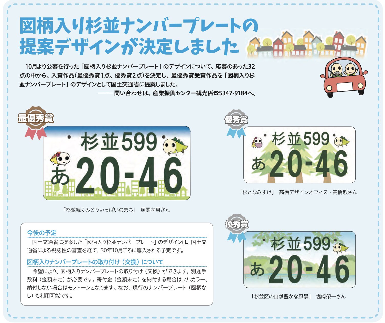 堀部やすし 杉並区議会議員 図柄入り杉並ナンバープレート 提案デザインが発表されました 公募32作品から8候補が選ばれた後 すぎなみフェスタ会場での投票を受けて最終決定されたもの 図柄は多少変更される可能性もありますが 地方版図柄入り