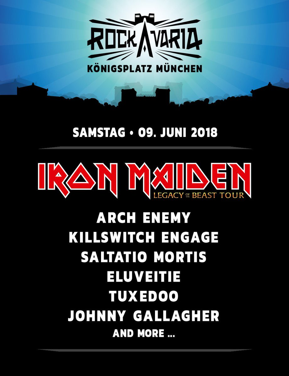 RockavariaMuc's tweet photo. Nach Bekanntgabe von @IronMaiden , @dietotenhosen und @limpbizkit stehen nun für Samstag, den 9. Juni weitere großartige Bands fest. Mit von der Partie sind @archenemymetal , @kseofficial , @saltatiomortis , @eluveitie , Tuxedoo und Johnny Gallagher. #RAV2018 https://t.co/4sg2cQYUoZ