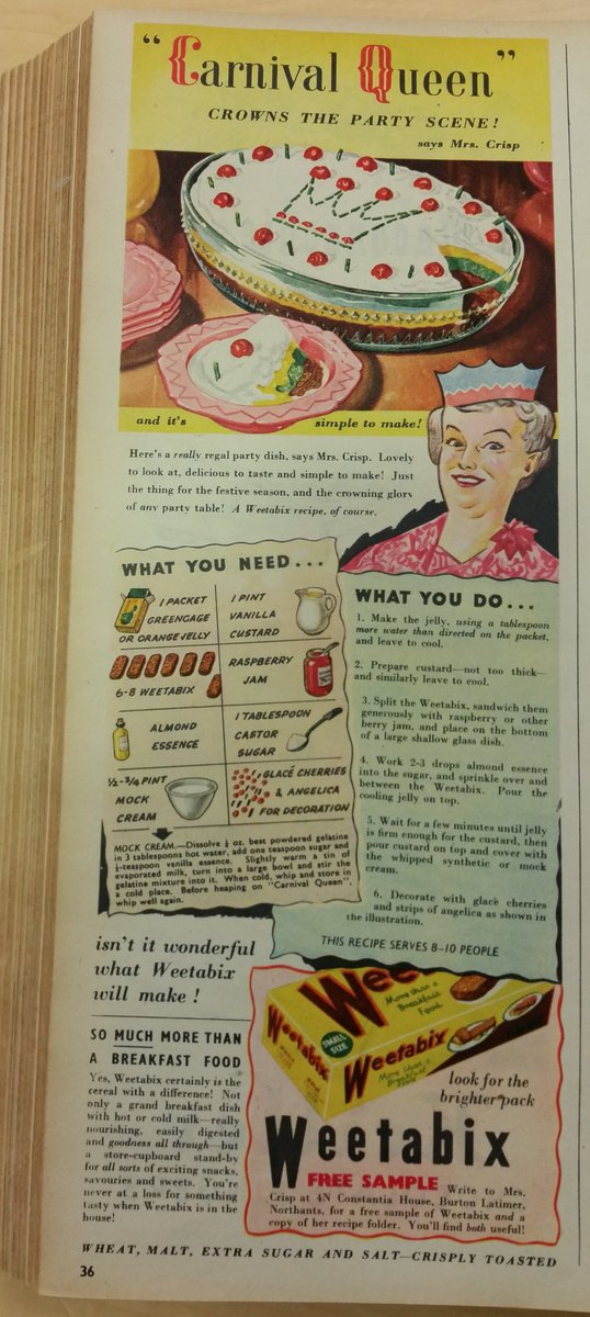 SussexSpeccoll's tweet photo. #Weetabix Trifle, anyone? This astonishing recipe is from a 1950 copy of #WomansOwn in our Reading Room. We're not sure you can still buy jelly in greengage flavour but we like her jaunty hat and can-do attitude. #ChristmasTreats #NotEatingThat #ProbablyNicerThanItSounds https://t.co/4O7xIBnwW7