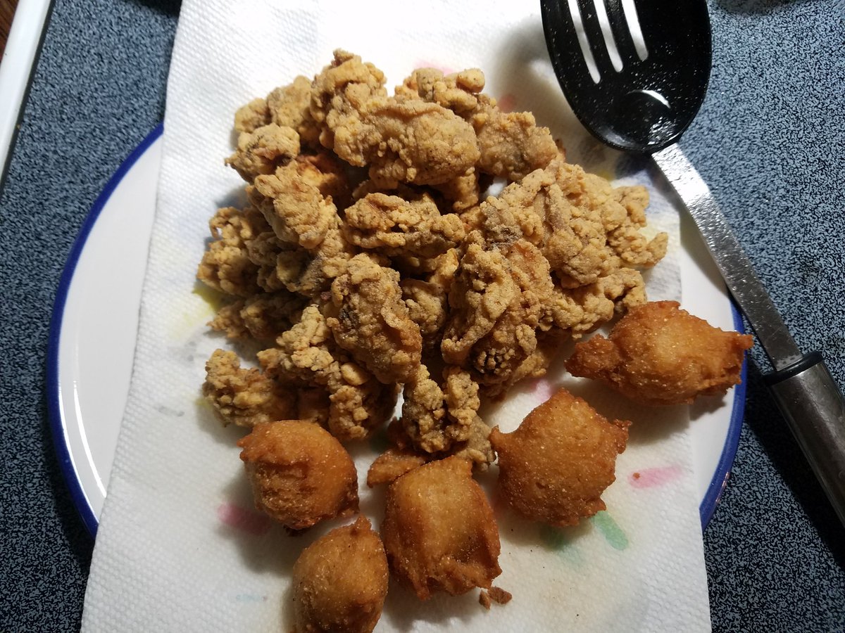 trailmaster88's tweet photo. Nothing like fresh ceder key oysters and hushpuppys.  Home cooking YEE YEE! https://t.co/3IfA3Wyqig
