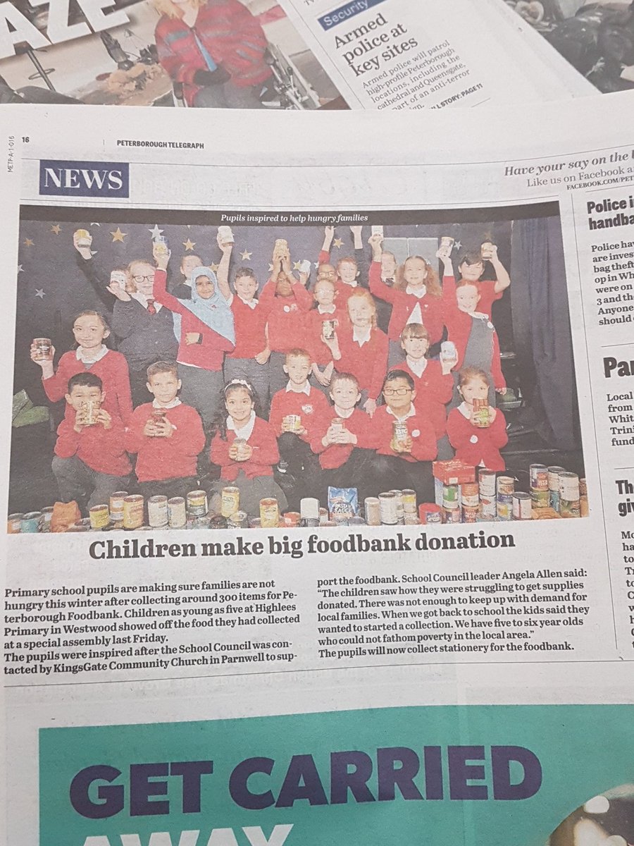 Highlees's tweet photo. Highlees makes local news! Well done all school council members and all students and staff at Highlees for your hard work collecting food for the Food bank this Christmas. We're in the Peterborough Telegraph! All school council families will receive a paper tomorrow #hefed https://t.co/qOn1DEPeCS