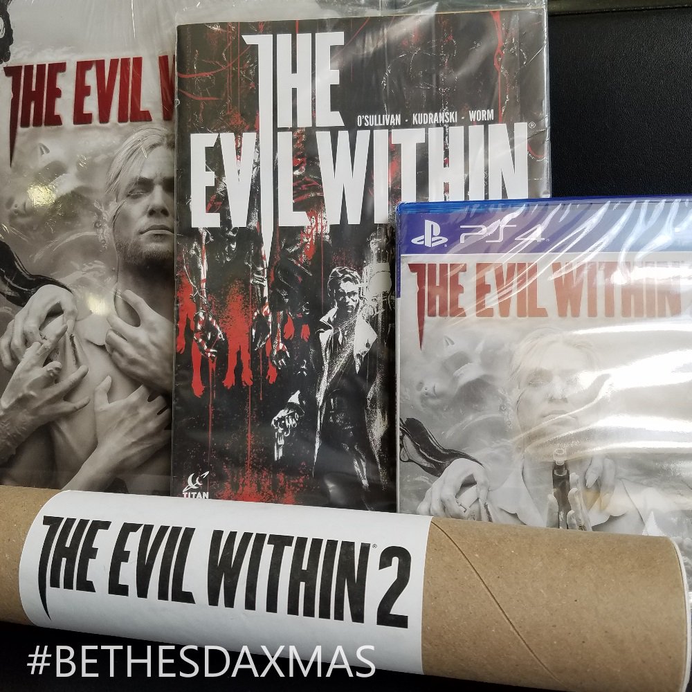 bethesda's tweet image. RT to enter! Add some scare to your new year with a chance to win EVIL prizes for #BethesdaXmas. #TheEvilWithin2 Bundle includes:

💀 The Evil Within 2 (platform of your choice)
💀 Comic, issue #1
💀 Strategy guide
💀 Poster

Official Rules: beth.games/2ADd8WY
