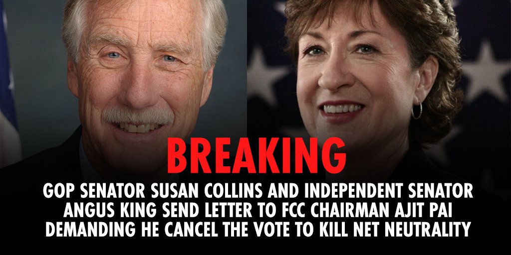 fightfortheftr's tweet photo. .@AjitPaiFCC continues to lose @GOP support for #NetNeutrality repeal as @SenatorCollins (R-ME) issues letter with @SenAngusKing (I-VA) demanding the @FCC cancel today's vote: https://t.co/YY7tYOpCqF …

Keep contacting Congress! Text "BATTLE" to 384-387
Go! Go! Go! https://t.co/1DJU5efYPf