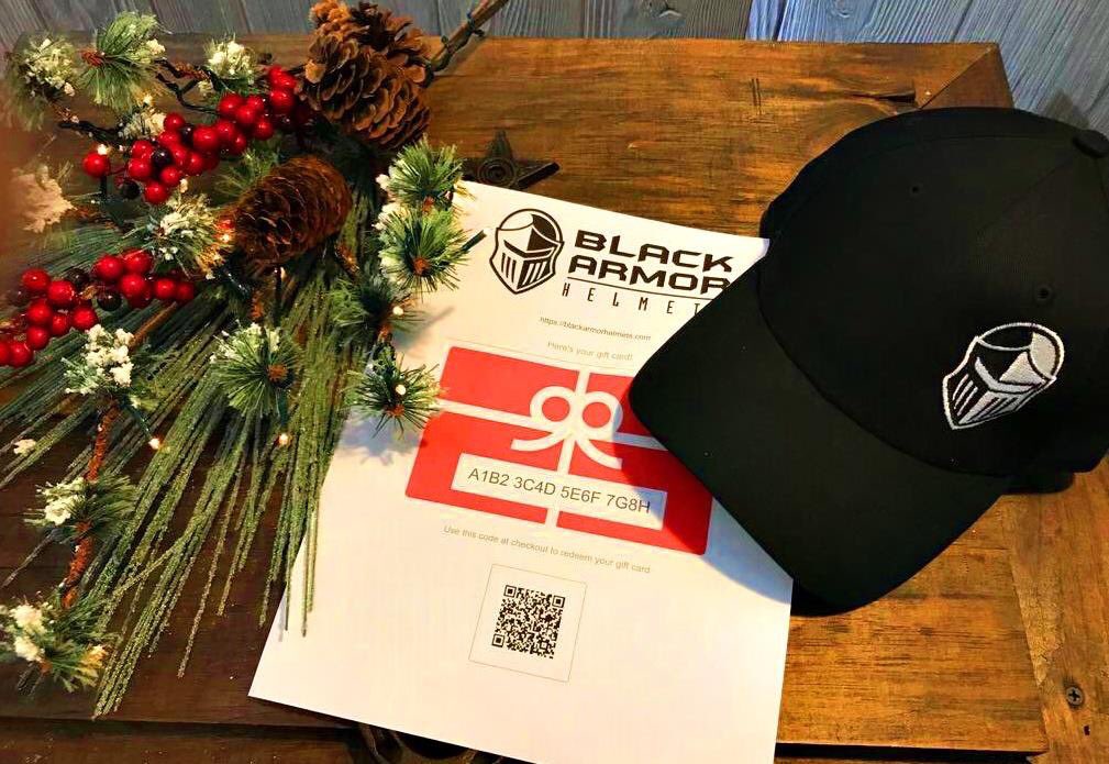 Spend $500 or more on a Black Armor Helmet gift card, get a free hat! A little something extra to put under the tree. #ChristmasTime #SeasonForGiving #Presents #GiftCards #CarbonArmy