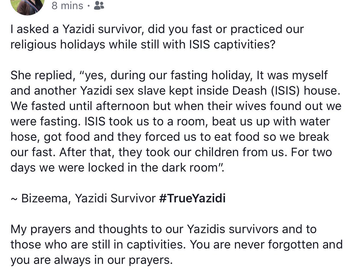AveenIsmaill's tweet photo. I asked a #Yazidi #survivor, did you fast or practiced our #religious #holidays while still with #ISIS #captivities? Read below:
#Iraq #Syria #ISIL #Yazidis #Minorities #StopYazidisGenocide #Genocide #FreeYazidi #TrueYazidi #SearchForYazidis https://t.co/l7M2jnIx0X