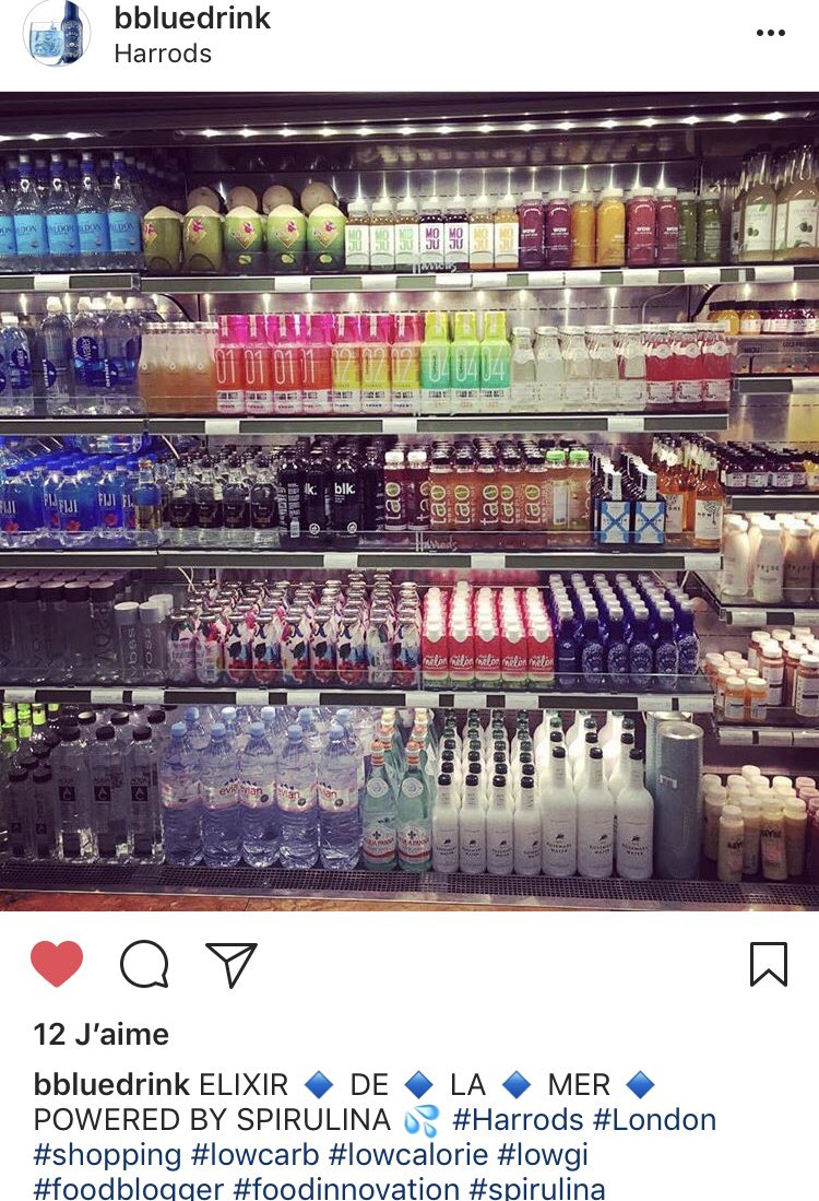 algosource's tweet photo. Notre partenaire belge avec @bbluedrink, désormais en vente chez @Harrods, congrats!  L’extrait de #spiruline d’@algosource est disponible en UK: enfin une vraie #boisson #bleue sur le marché européen! https://t.co/uvOugIy2tY