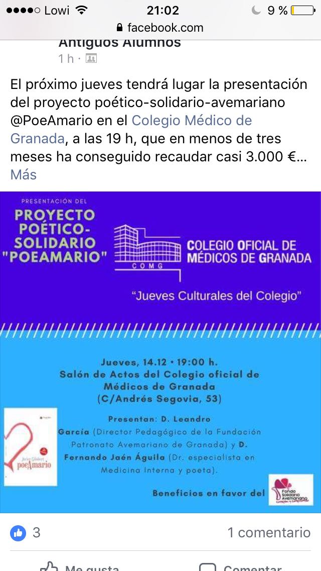 miguelrevelles's tweet photo. No te pierdas ESTA TARDE en #Granada a las 19:00 la PRESENTACIÓN de @PoeAmario, el Proyecto Solidario de @JaviGilabert que está conmoviendo a tantos ❤️💚
#amor, #poesía y #solidaridad https://t.co/WklfMTcdZe