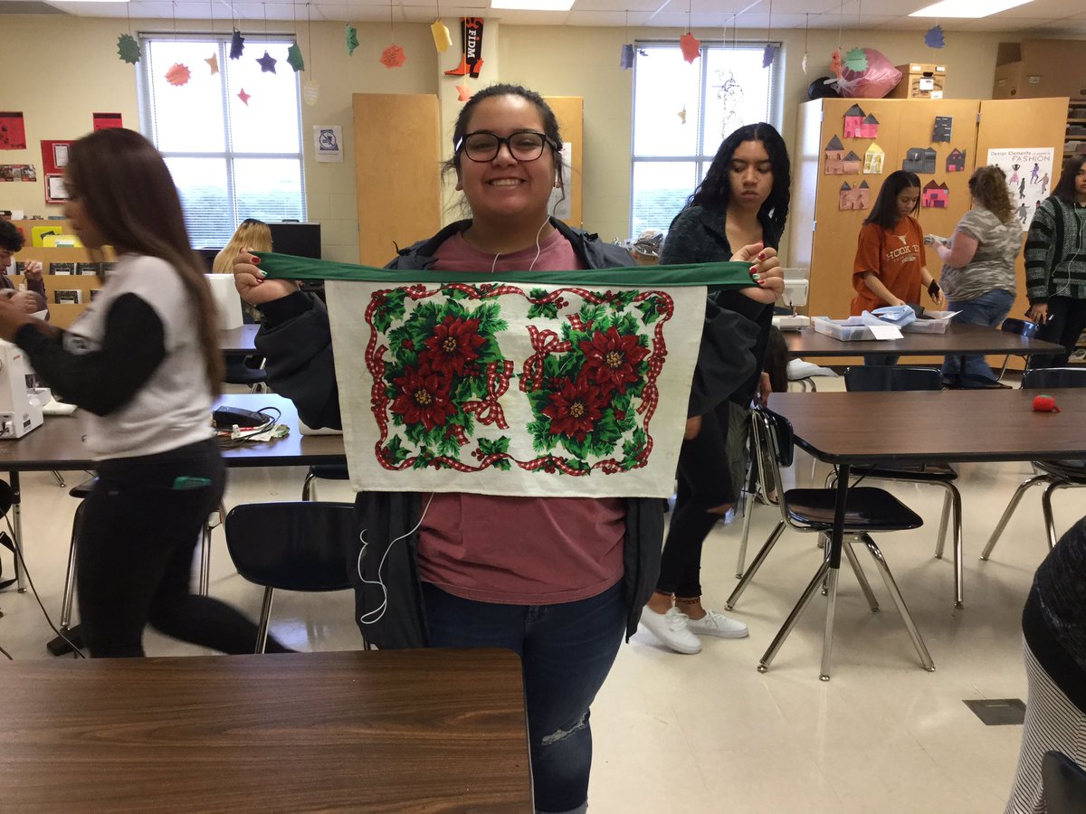 Fashion I students are making Christmas aprons to give to their family members. #BrennanInspired #NISDInspired #NISD_CTE #NISDBrennan