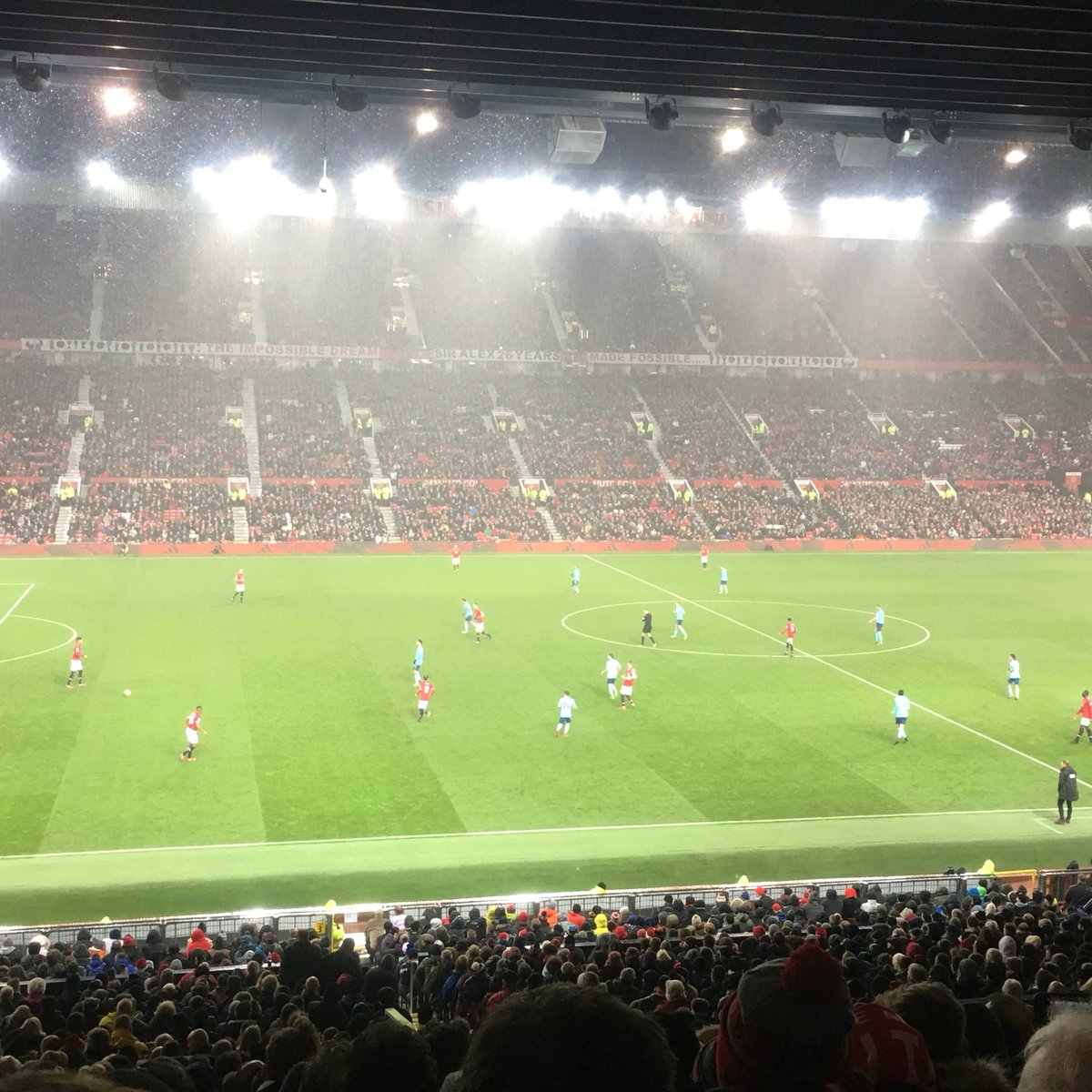 HootersMRFC's tweet photo. Couple of the lads braved the weather to do a bit of scouting at old Trafford last night. #pogba has shown interest in joining in #januarytransferwindow https://t.co/AAeMshOxFm