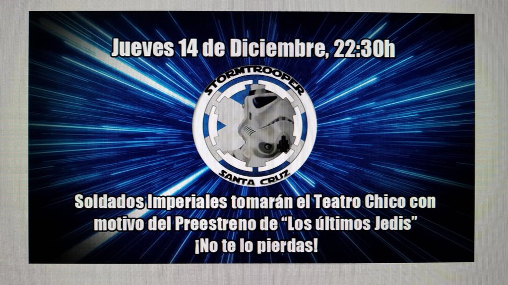 Guadagleztano's tweet photo. No se olviden de que esta noche los Soldados Imperiales tomarán el @cinechicolpalma #StarWars #StormtrooperSC #losultimosjedis https://t.co/krnbpgPwfn