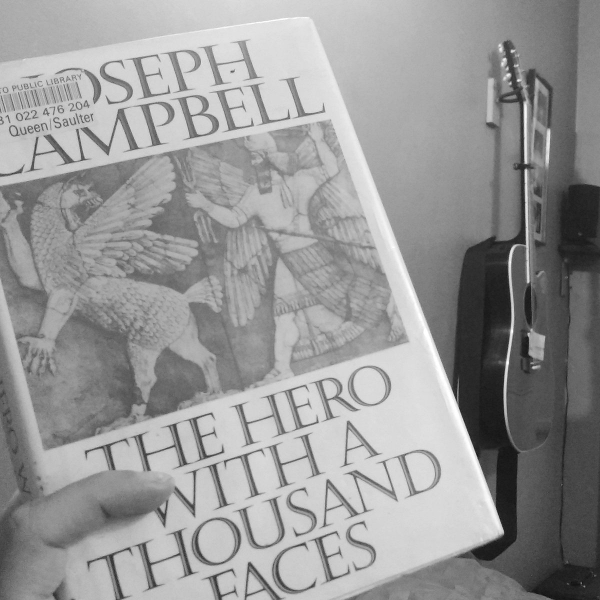 #Songwriting research. #TheHeroWithAThousandFaces by #JosephCampbell 
#HeroesJourney #Songs #Myth #StoryTelling #TakamineGuitars #AcousticGuitar #KlipschSurroundSound #Speakers #Toronto #PublicLibrary