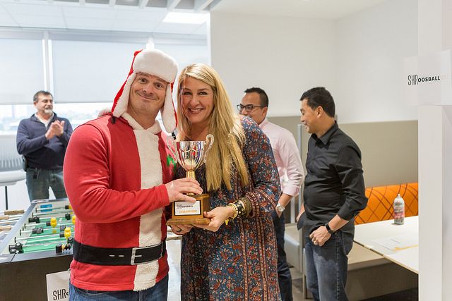 SHR_Global's tweet photo. Winners of the inaugural foosball uh er SHRoosball championship. And yes, though Brent's from Canad--nicest people in the Americas, that hat angers people. #LifeatSHR https://t.co/4rw2KmLFRu