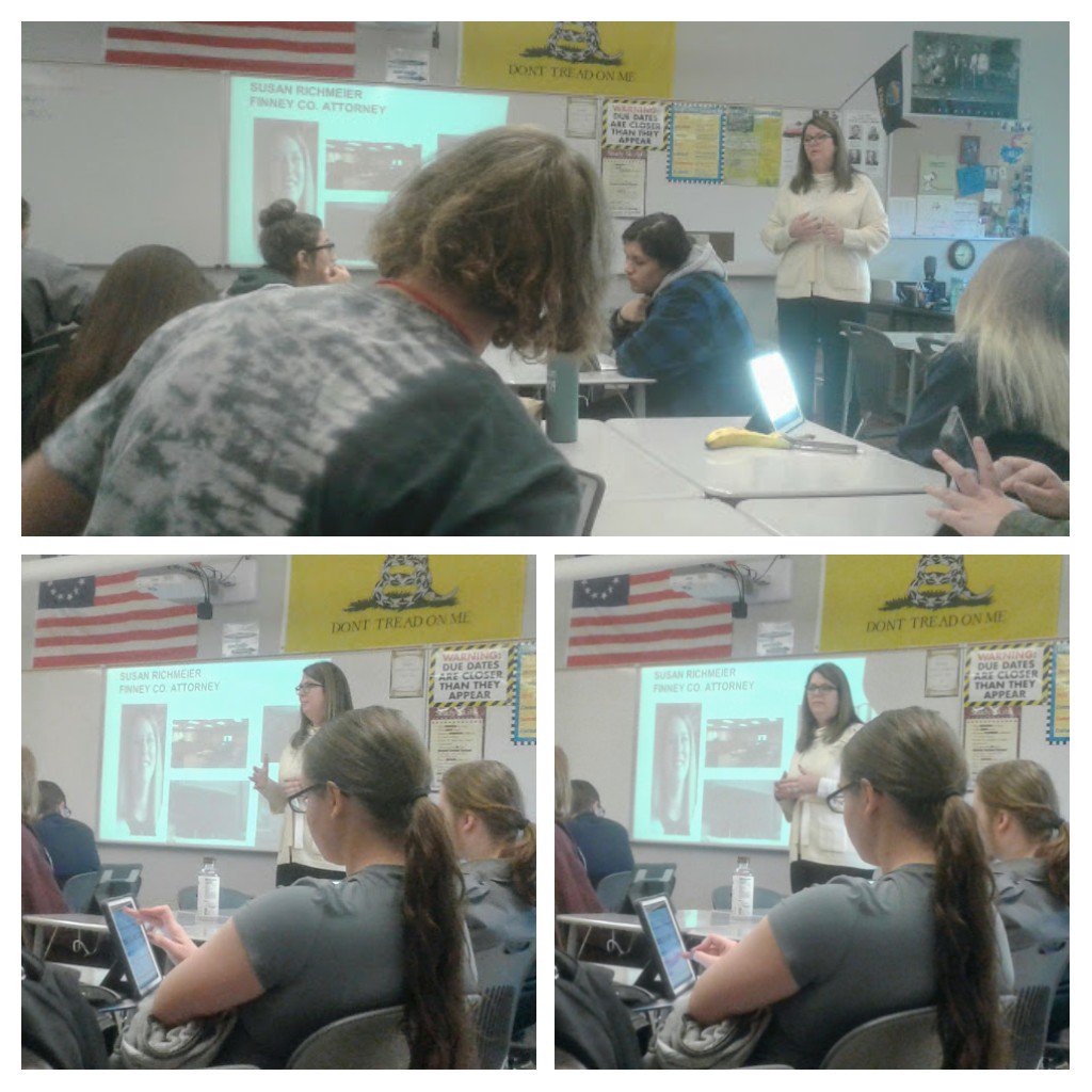 DLDuran87's tweet photo. Thanks to Finney Co. Attorney Susan Richmeier 4 educating my @DLDUSGovtBuffs about her role in the #CriminalJusticeSystem and the responsibilties of being our county's chief law enforcement officer.  #iteachgc #CriminalJusticeUnit #CommunityInSchool #GCBuffAlumni #1Herd @GCHSSPS https://t.co/iwg4D5En2k