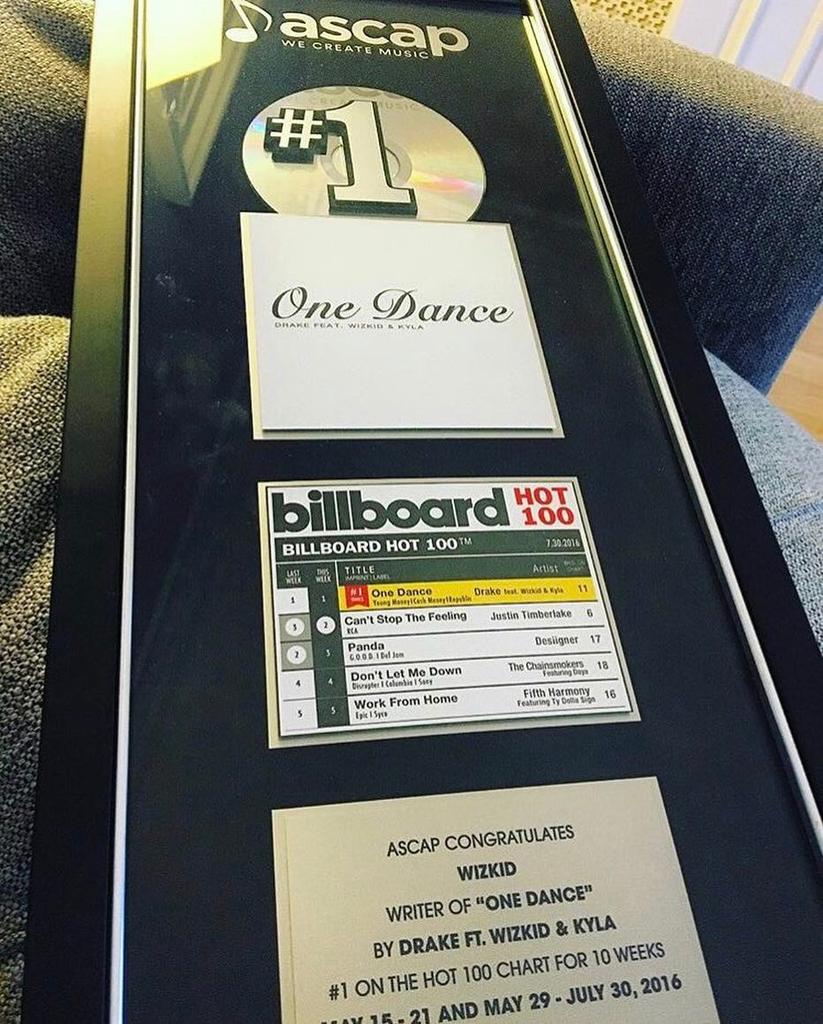 Wizkid received an ASCAP for his contribution as one of the writer of one dance which was number one on billboard for 10 weeks