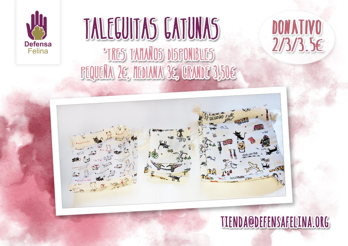 DefensaFelina's tweet photo. Desde #DefensaFelinaSevilla os traemos estas #TALEGAS gatunas tan monas 🐱 Disponibles en 3 tamaños: pequeña donativo de 2€, mediana 3€ y grande 3.50 €. ¡no te quedes sin la tuya! ¡Anímate y colabora con #DefensaFelinaSevilla!
Haz tu pedido en: tienda@defensafelina.org https://t.co/Hyi1dNkLX7