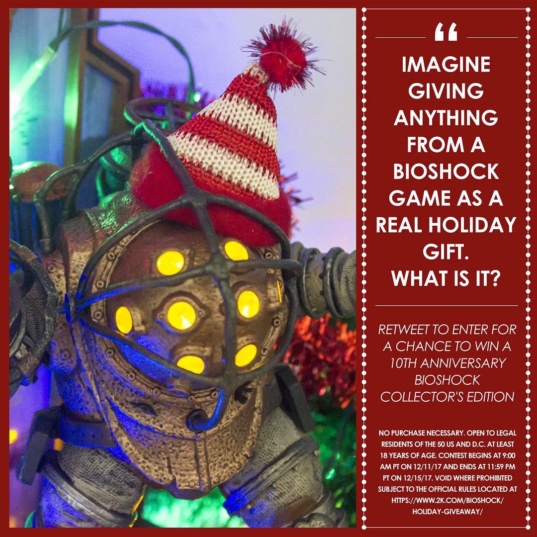 bioshock's tweet photo. If you could pull anything from the BioShock universe to give as a gift, what would it be and who would you give it to?
RT for a chance to win a BioShock 10th Anniversary Collector's Edition (now available at @Gamestop)! #BioShock10 #Sweepstakes
Rules: https://t.co/8eW6G9db2i https://t.co/ZneG9sLGdl