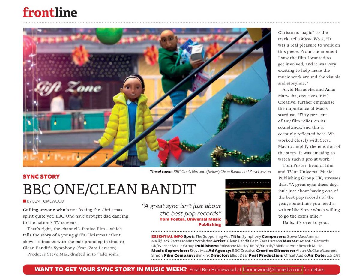 We're hearing symphonies! Peep <a href="/cleanbandit/">Clean Bandit</a> feat. <a href="/zaralarsson/">Zara Larsson</a>'s #Symphony co-written by @InaWroldsen profiled in <a href="/MusicWeek/">Music Week</a> for it's sync in <a href="/BBCOne/">BBC One</a>'s heartwarming 2017 #Christmas short #ReservoirOnScreen 👇