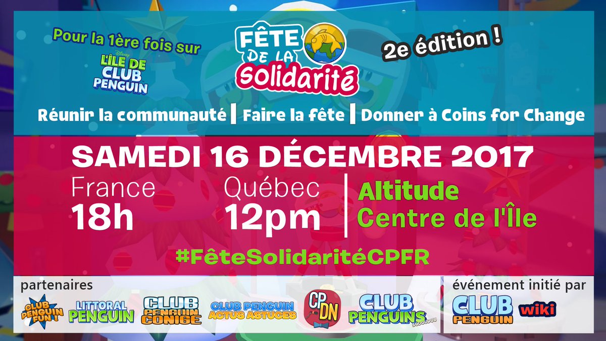 CPConige's tweet image. Rejoignez-nous pour la 2ème édition de la #FêteSolidaritéCPFR !
📅 Samedi 16 Décembre
🕕🇫🇷 France : 18h
🕧🇨🇦 Québec : 12pm
🚩 Monde : Altitude
📍 Lieu : Centre de l'Île
🔁 @CPWiki_FR 
➡️ goo.gl/7cwKLs