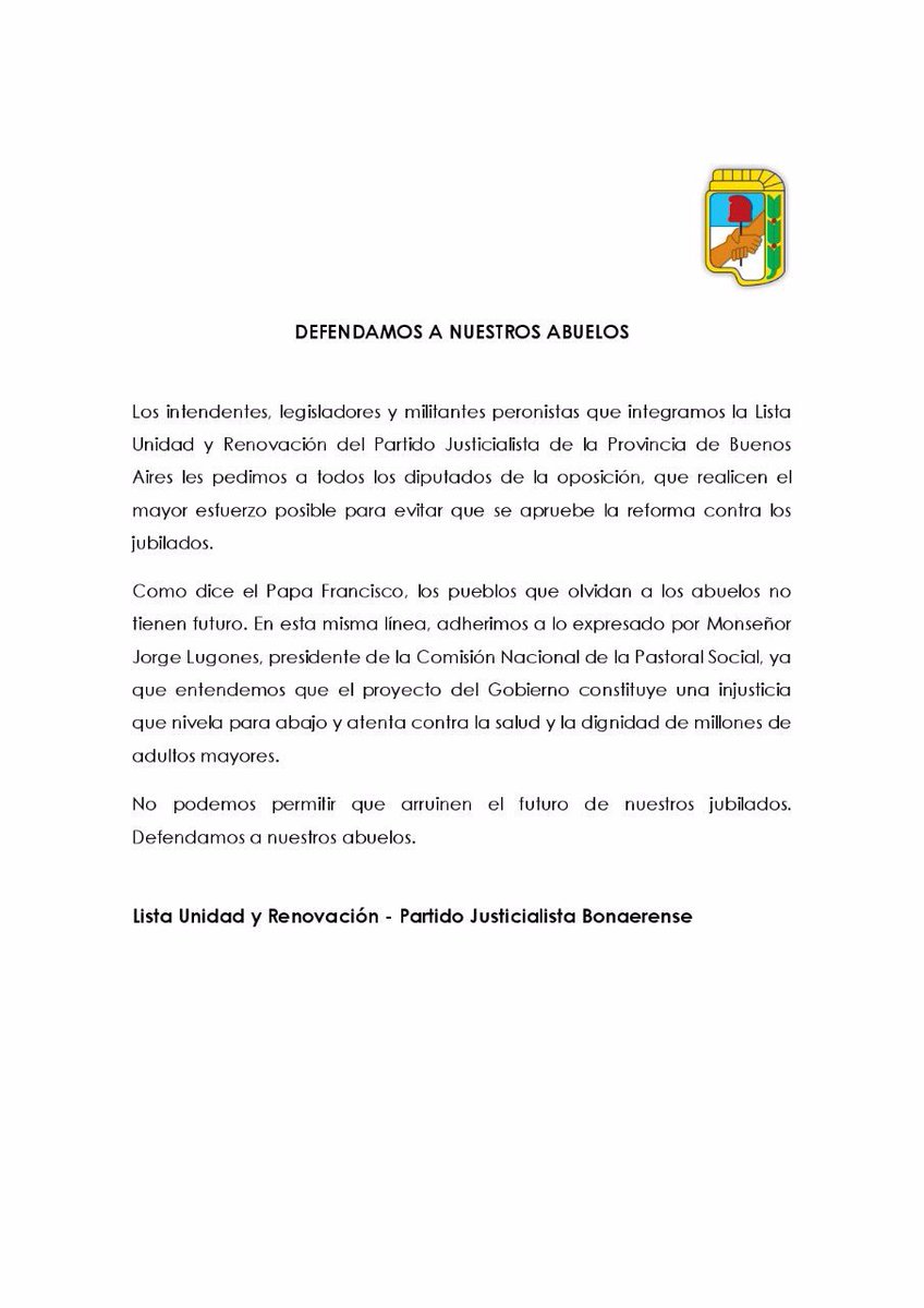 BonaerensePJ's tweet photo. Los intendentes de la Lista Unidad y Renovación del PJ de la Provincia les pedimos a todos los diputados de la oposición que realicen el mayor esfuerzo para evitar que se apruebe la reforma contra los jubilados. https://t.co/sMOKZ0X6Vm