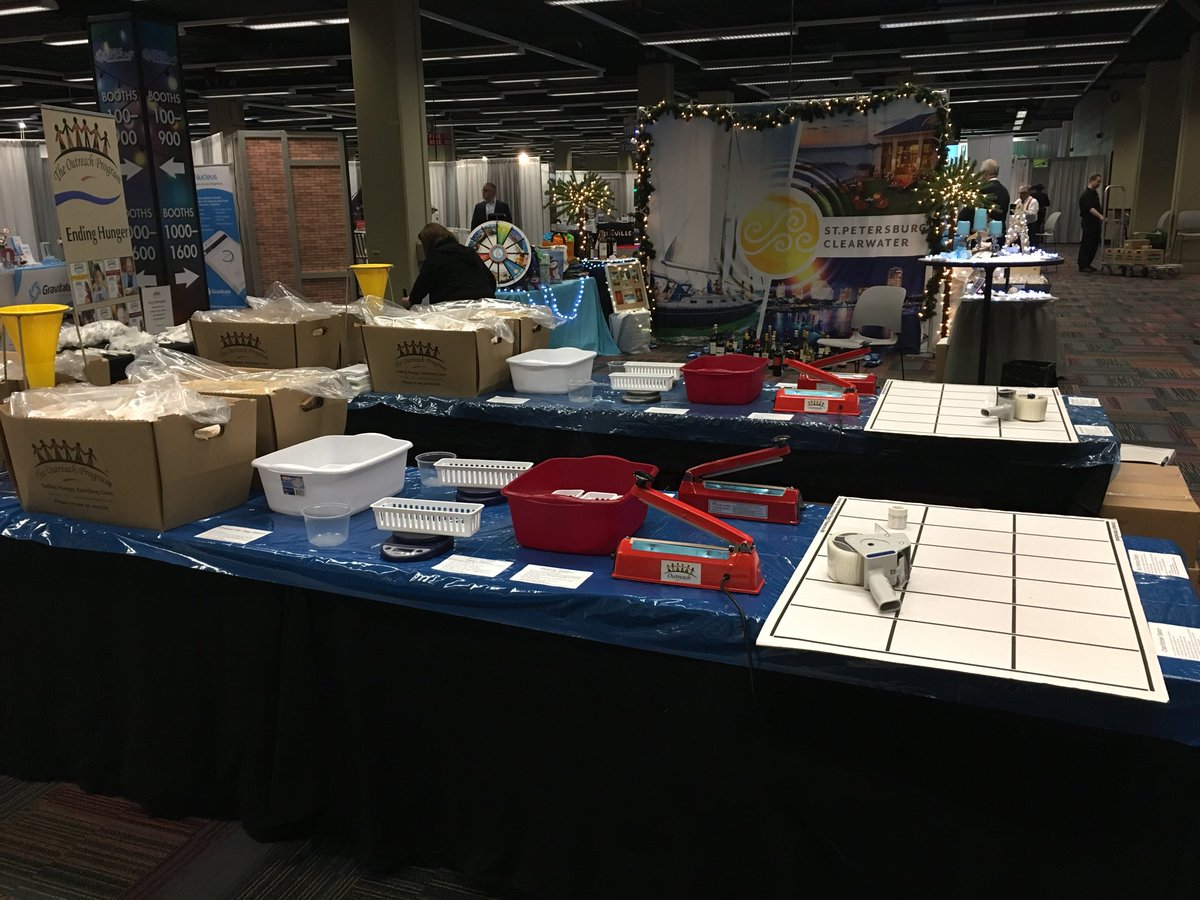 MelissaW_CAE's tweet photo. All set up for the community service project on the show floor. We are packing 5,000 meals to be donated and put to use in Chicago. Come help! #HS2017 #HS17 https://t.co/D3MmUlF7X2