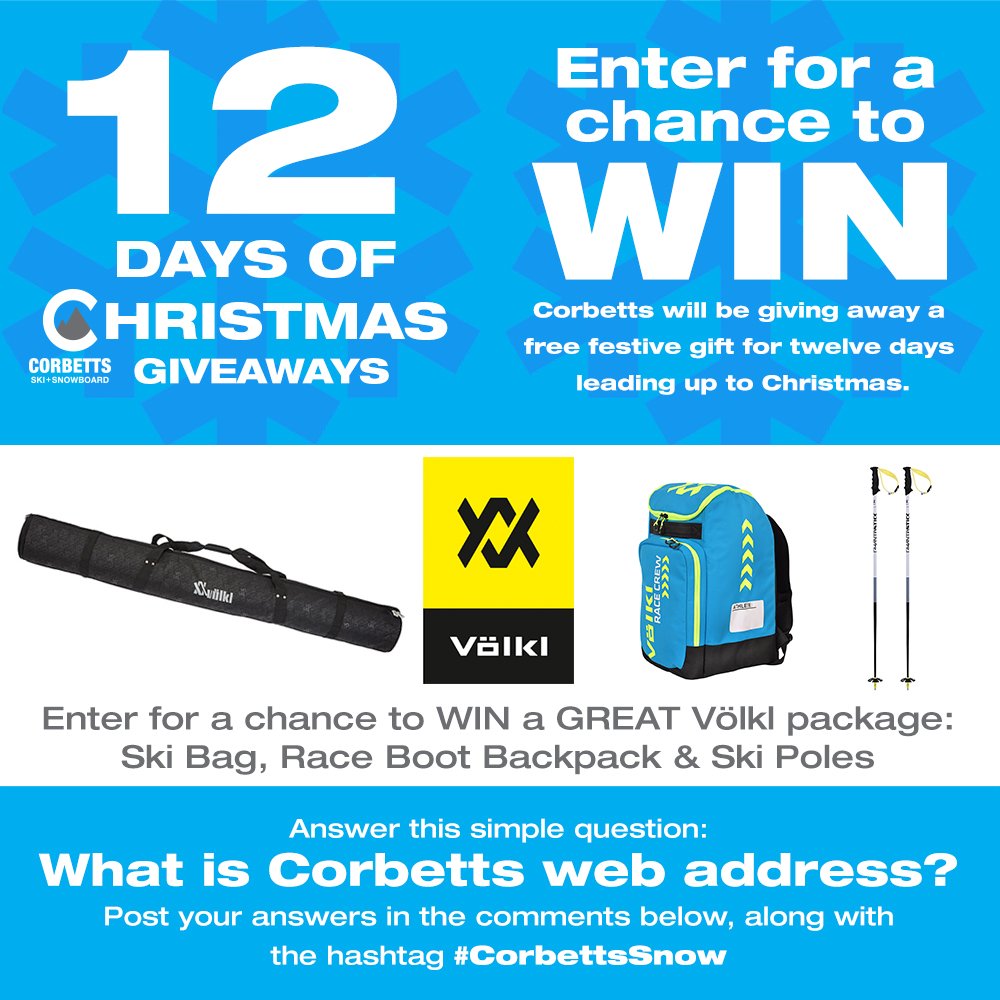 Corbetts's tweet photo. Enter for a chance to WIN our 2nd Xmas giveaway, a Völkl Package. Visit https://t.co/JTHYgcWPeI & https://t.co/pXCsVgSfoH @volklskis @VolklFreeski #corbettssnow #entertowin #12DaysofChristmas #ski #snowboarding #Toronto #Oakville #volkl #voelklskis #simplyvolkl #unlessyourideit https://t.co/upY9dle8cX