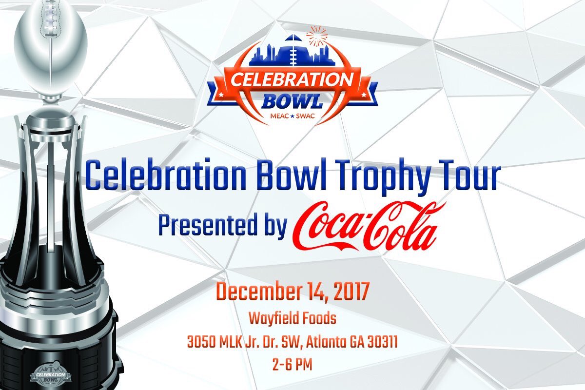 CelebrationBowl's tweet photo. Today is the day. Make sure everyone who is already in #Atl stops by @WayfieldFoods from 2-6 to see the beautiful #CB2017 Trophy in person! https://t.co/T3Uk3e63Xb