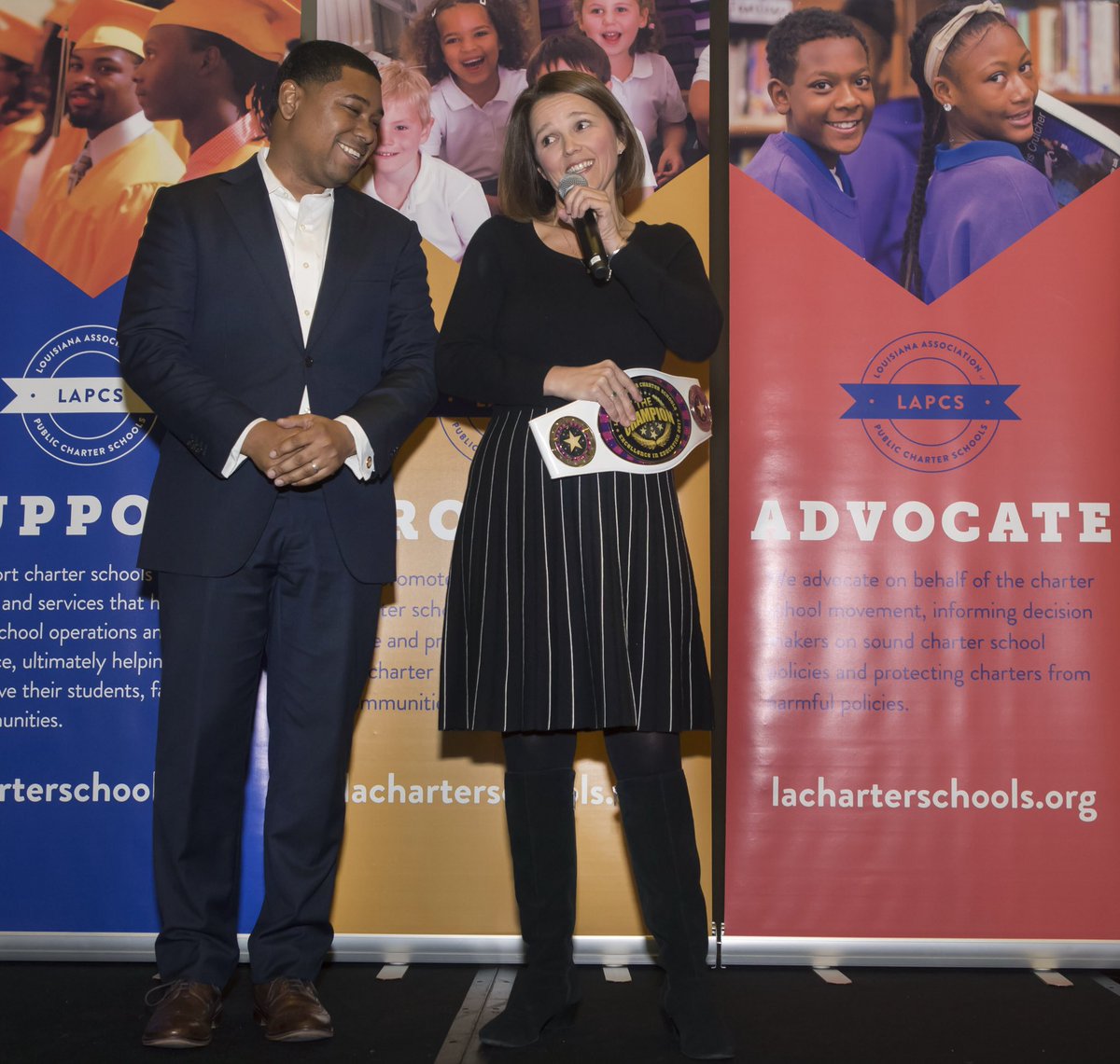 croemer's tweet photo. Glad to be surprised with a Charter Excellence Award as an Education Champion—Check out the belt! I have enjoyed every minute of my 10 years as Executive Director!#LAPCS10 https://t.co/1B3rJUM6Nu