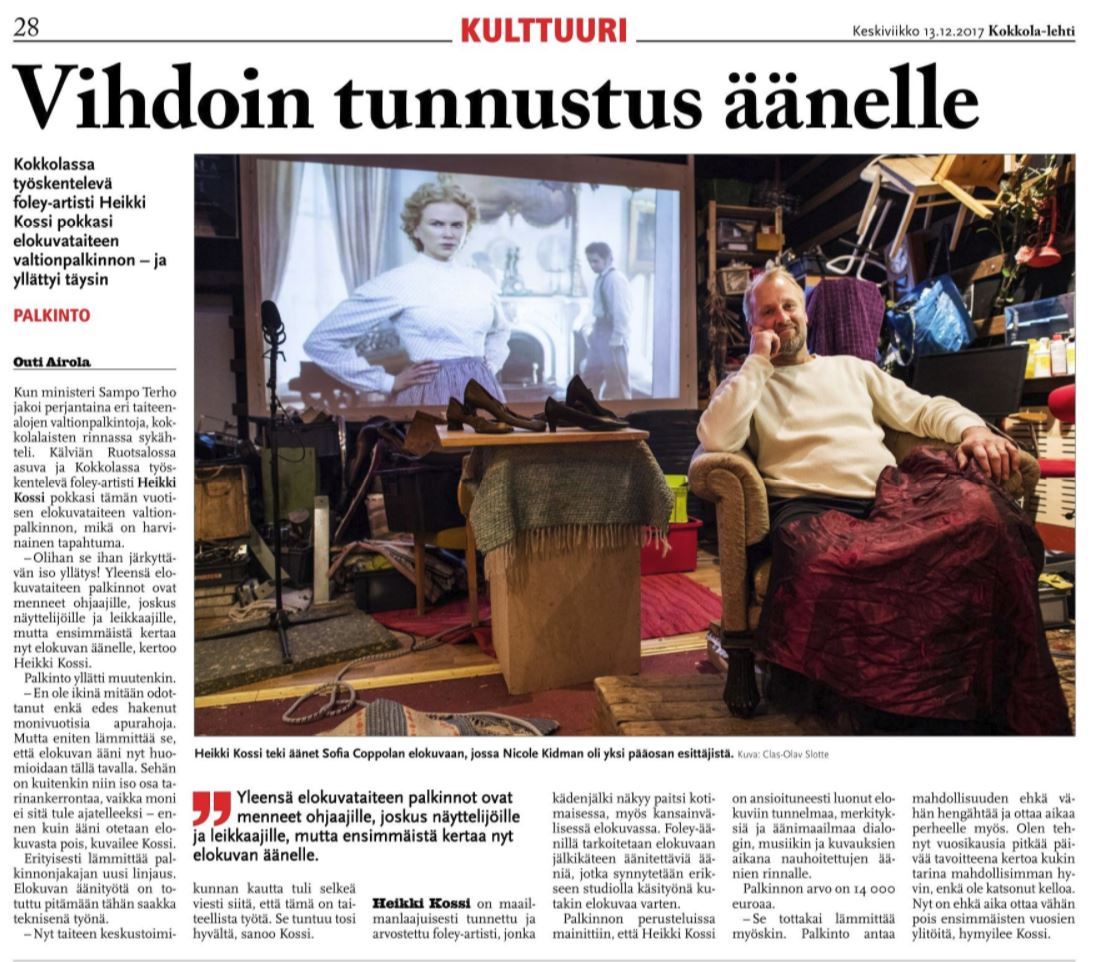 BjorkbackaHannu's tweet photo. @FinnishFilmFNDN @msfilmfest HEIKKI KOSSI Foley Artist State Award for Film
Elokuvan valtionpalkinto.
#Kokkola-lehti https://t.co/W2YkhOn8DA