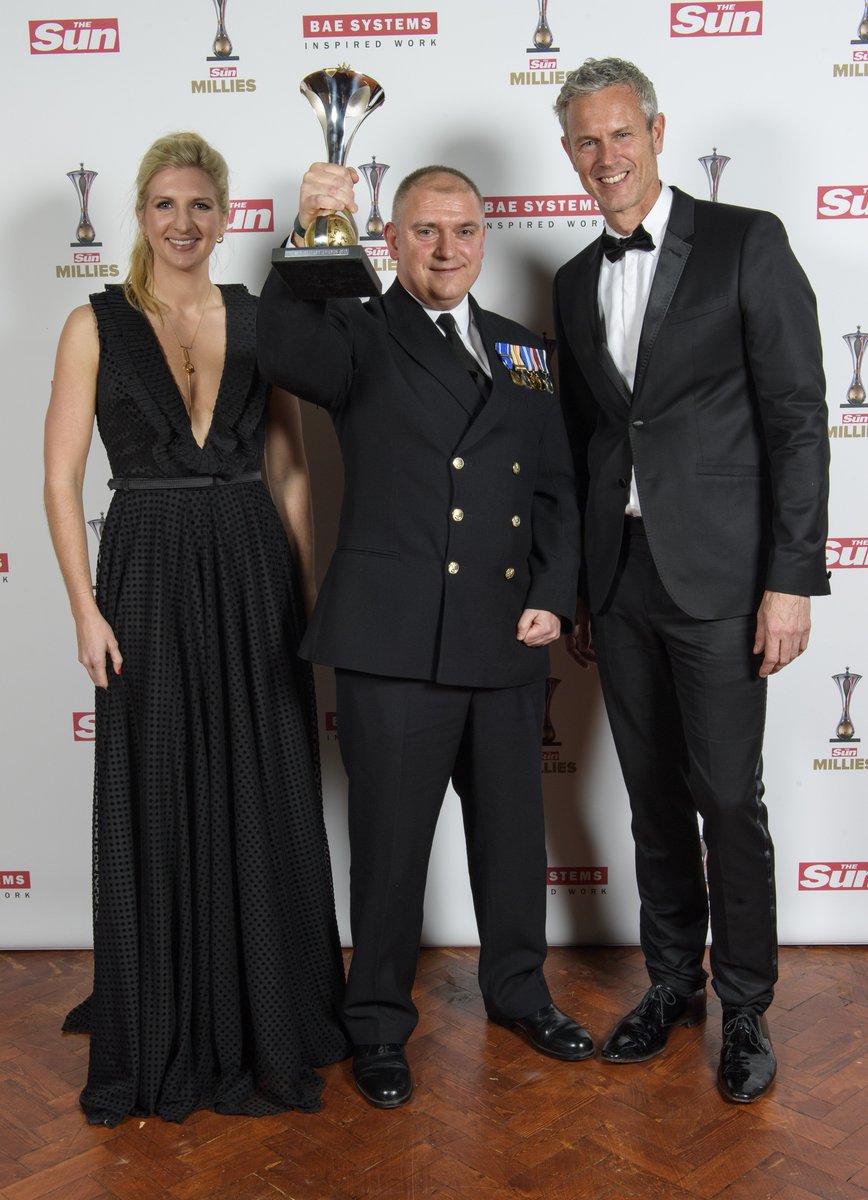 DefenceHQ's tweet photo. .@RoyalNavy Warrant Officer Paul Moonan was presented with the Innovation award at last night's @TheSun #Millies by @BeckAdlington and @MarkFosterSwim https://t.co/5xSjMvQH6W