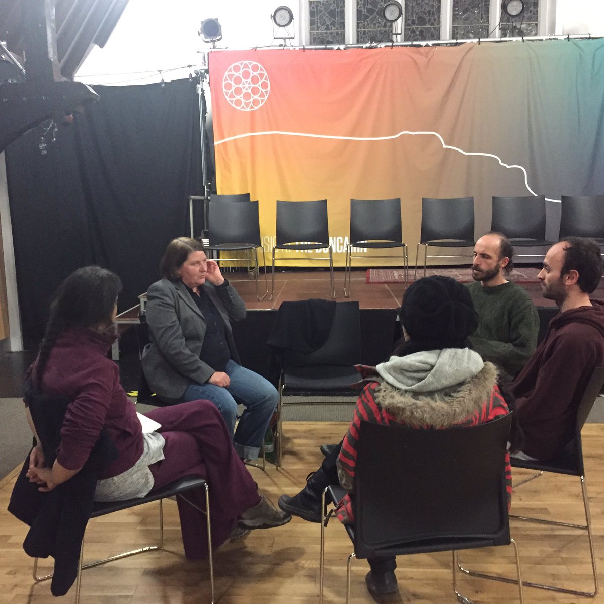 QUBMitchell's tweet photo. Ulrike M. Vieten discussing research plans with dancers from Turkey ahead of tonight's performance Nothing is in the right place @theduncairn @730pm #lossdance https://t.co/6Ol7MpRlNH