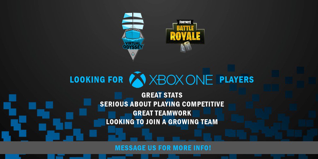 VirtualOdyssey_'s tweet photo. Looking for Xbox One Fortnite Players for @FortniteLeague and @EsportsFortnite
Join the #VirtualCrew today! DM us for more info. Serious inquires only.
#Fortnite #Esports #FortniteBattleRoyale #Gaming @FortniteConnect https://t.co/F2gVQn5PB4