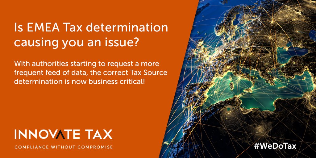 innovatetax's tweet photo. Is EMEA Tax determination causing you an issue? Visit https://t.co/aGcOb7liHL to find out how our Oracle solution can help your business today! #WeDoTax #Oracle #eBTax #EMEA https://t.co/t5RVZ48bWK
