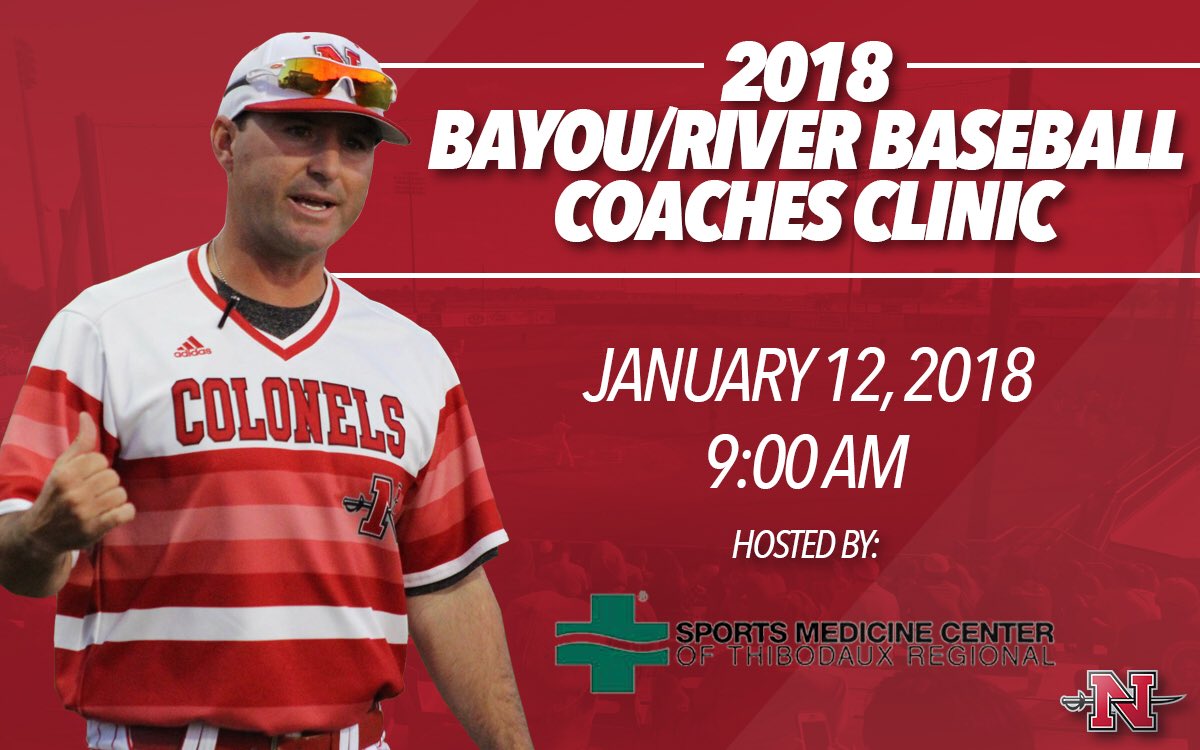 Nicholls_BSB's tweet image. Fantastic lineup set for our ‘18 Bayou/River Baseball Coaches Clinic hosted by Sports Medicine Center of Thibodaux Regional - please RSVP to ford.pemberton@nicholls.edu