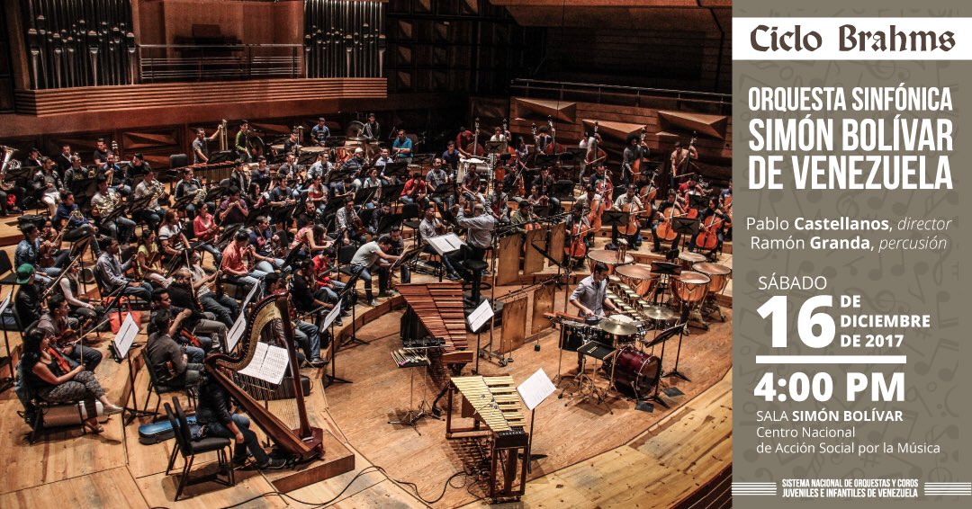 leomontufar's tweet photo. Sábado 16/12 - 4:00pm en el @cnaspm OSSBV @bolivarsymphony bajo la batuta del maestro #PabloCastellanos Concierto para Multi-Percusión y Orquesta de @ramonpercu (estreno), solista: Ramón Granda, Sinfonía Nº 3 de #Brahms ENTRADA LIBRE #CicloBrahms @elsistema #Caracas #Venezuela https://t.co/7Zj16xrTdP