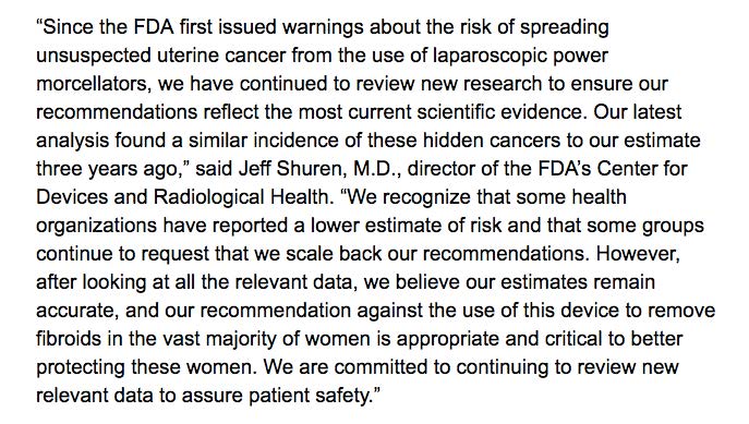 chrishendel's tweet photo. Today @US_FDA released a white paper on the risks of spreading hidden #uterine cancer through the use of laparoscopic power #morcellators
https://t.co/KJs9Mlg0oj
#patientsafety @CUsafepatient #uterinecancer https://t.co/Ywod8CM4DT