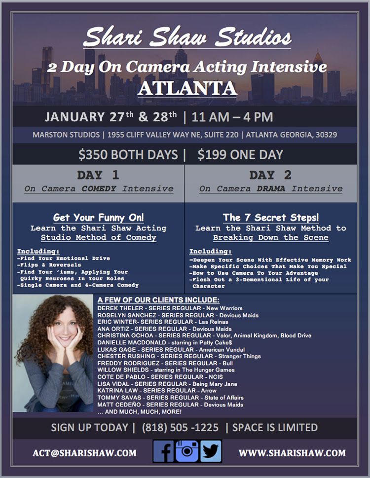 jpmarston's tweet photo. Kick off the New Year & get ready for pilot season with LA Acting Coach @sharishawstudio! Shari will be at #MarstonStudios for a 2 day workshop on January 27th and 28th. To book, call 818-505-1225 or email act@sharishaw.com. #sharishaw #actorworkshop #atlantaactor #comedy #drama https://t.co/wBpBt8U2wu