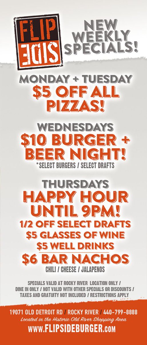 Hey Rocky River, take advantage of our new Flip Side Weekly Specials! #morethanjustburgers