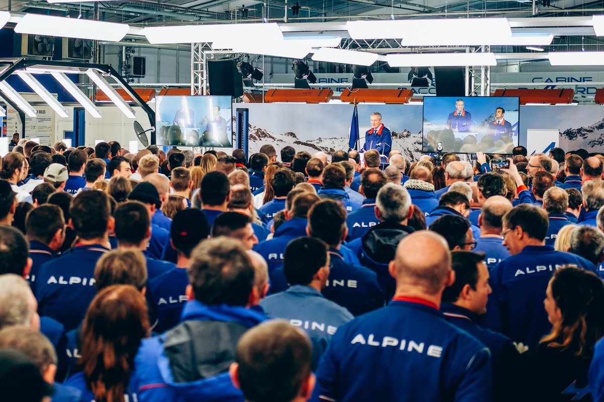 BrunoLeMaire's tweet photo. Petit, je rêvais de la Berlinette Alpine. 

Mêmes yeux d’enfant en découvrant la nouvelle version de cette voiture de légende qui fera rêver à son tour les générations futures ... et qui est l’un des beaux symboles de la renaissance industrielle française ! 
#Dieppe #AlpineA110 https://t.co/hDPqxerQi8
