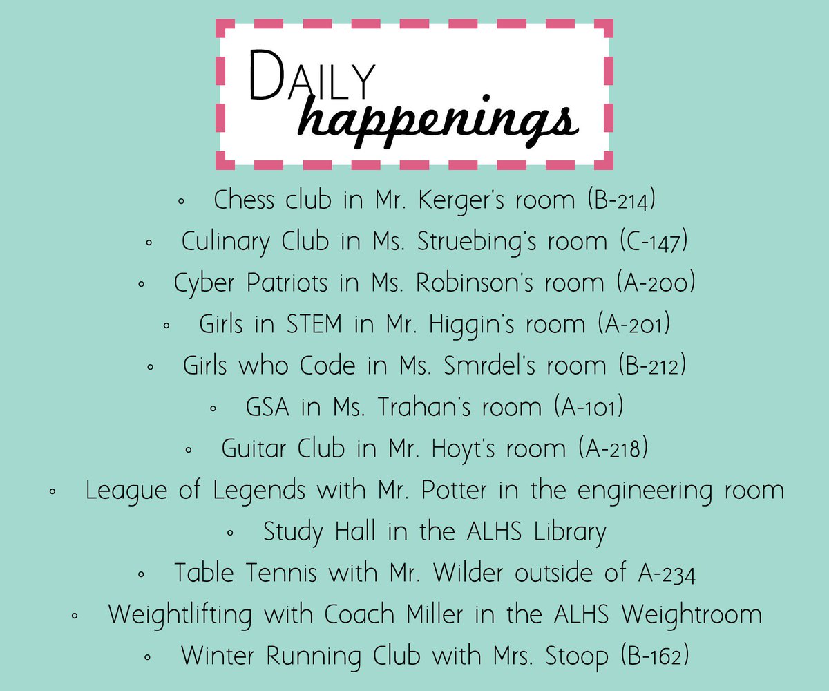 ALHSClubs's tweet photo. Girls who Code and Girls in STEM are meeting today! Along with these other awesome activities! https://t.co/h6hcHMpVaQ