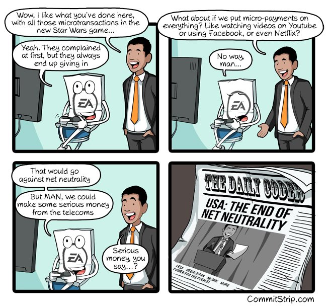 CommitStrip's tweet photo. USA: The End of Net Neutrality 
 https://t.co/bbr8R3IQsl https://t.co/mF0Iu2CQnc