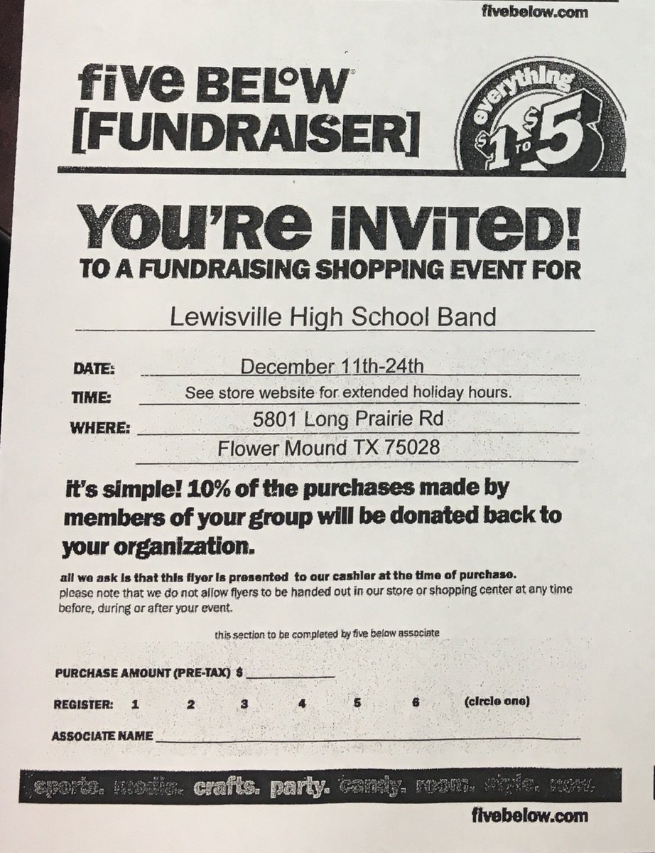 LewisvilleBand's tweet photo. Our Five Below fundraiser runs until Dec 24th at the @fivebelow in Flower Mound. Show them the flyer and #LHSBand will receive a portion of the proceeds from your purchase. Spread the word! 🎄🎅🏼☃️ https://t.co/0Pu5uBOTah