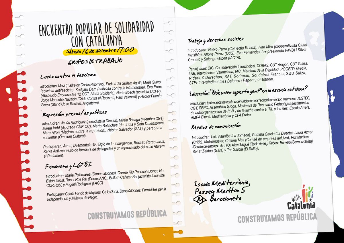 withcatalonia's tweet photo. El sábado arranca el Encuentro Popular de Solidaridad con Catalunya con este acto central cargado de internacionalismo y fraternidad. Os esperamos! Más info en https://t.co/AXaBvSef0n #withcatalonia #solidaritad #internacionalismo #catalunya https://t.co/hjQx91v2Dx