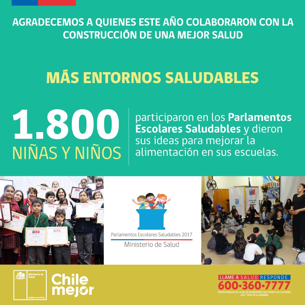ministeriosalud's tweet photo. La Participación forma parte de los ejes de Salud. Por eso 1.800 niñas y niños 👧🧒🏾👦👦🏼👧🏾 participaron en los Parlamentos Escolares Saludables y dieron sus ideas para mejorar la alimentación🍏🍊🍐de sus escuelas ☑#MásParticipaciónenSalud #ChileMejor https://t.co/GlQwKKi3qA